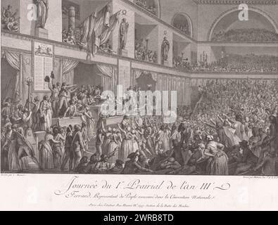 Enthauptung von Jean-Bertrand Féraud während des Aufstandes vom 20. Mai 1795 gegen die Nationalversammlung, Journée du Ier Prairial de l'an III. Ferraud Representant du Peuple assassassiné dans la Convention nationale (Titel zum Objekt), First Days of the French Revolution (Titel der Serie), Les Principales journées de la Révolution (Titel der Serie), Druckerei: Isidore Stanislas Henri Helman, nach Zeichnung von: Charles Monnet, Herausgeber: Isidore Stanislas Henri Helman, Druckerei: Frankreich, nach Zeichnung von: Frankreich, Verlag: Paris, 22-Sep-1796 - 21-Sep-1797, Papier, Ätzen, Gravur Stockfoto