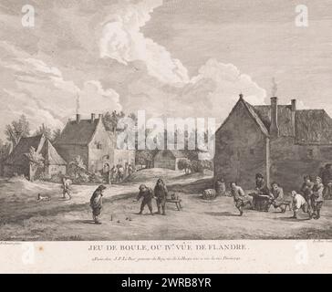 Figuren, die Boules in einem Dorf spielen, Jeu de Boule, ou ive Vûe de Flandre (Titel auf dem Objekt), nummeriert unten rechts: 26., Druckerei: Jacques-Philippe Le Bas, nach Malerei von David Teniers (II), Verlag: Jacques-Philippe Le Bas, Paris, 1742, Papier, Radierung, Gravur, Höhe 360 mm x Breite 450 mm, bedruckt Stockfoto