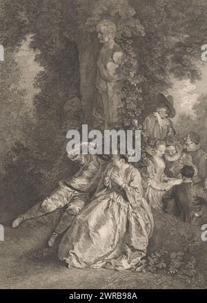 Harlequin wirbt um eine Frau in einem Garten, Oeuvre von Antoine Watteau (Titel der Serie), L'oeuvre d'Antoine Watteau, peintre du roy en Son Academie roiale de peinture et sculpture (...) (Titel der Serie), Druckerei: Simon Henri Thomassin, nach Malerei von Jean Antoine Watteau, C. Moraine, 1725, Papier, Ätzen, Höhe 407 mm x Breite 272 mm, bedruckt Stockfoto