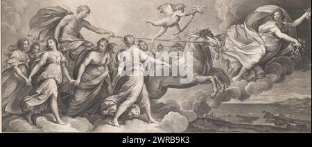 Apollo auf dem Solarwagen mit Vorläufer Aurora, Bonarum Artium Cultoribus (Titel über Objekt), Druckerei: Jakob Frey (I), nach Malerei von Guido Reni, Druckerei: Rom, nach Malerei von: Palazzo Pallavicini Rospigliosi, 1722, Papier, Radierung, Gravur, Höhe 443 mm x Breite 895 mm, bedruckt Stockfoto