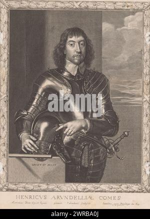 Porträt von Henry Frederick Howard, 2. Earl of Norfolk und 3. Earl of Arundel and Surrey in einem ornamentalen Rahmen, Henricus Arundelliae kommt (Titel auf Objekt), Porträts von Earls and Countesses (Titel der Serie), Druckerei: Pierre Lombard, nach Malerei von: Anthony van Dyck, Verlag: Pierre Lombard, Druckerei: London, Verlag: Paris, Frankreich, c. 1660 - c. 1663, Papier, Gravur, Höhe 353 mm x Breite 256 mm, bedruckt Stockfoto