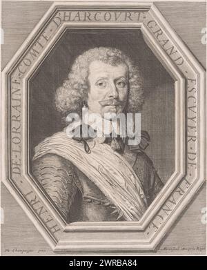 Porträt von Henri de Lorraine, Graf von Harcourt, Druckerei: Jean Morin, nach Malerei von Philippe de Champaigne, Franse kroon, Frankreich, 1642 - 1650, Papier, Ätzen, Gravieren, Höhe 303 mm x Breite 249 mm, Druck Stockfoto