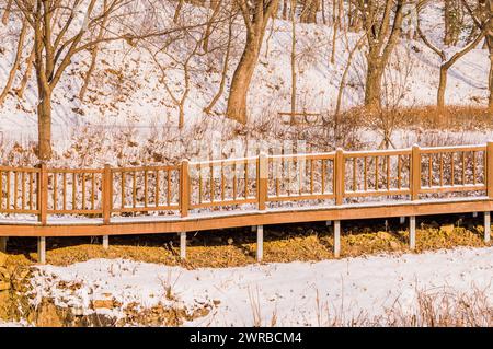 Ein langer Holzsteg, der von schneebedeckten Geländern umrahmt ist, führt durch eine ruhige Winterkulisse in Südkorea Stockfoto