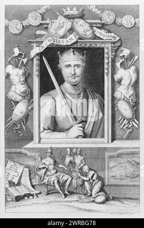 K. William YE Conqueror, del. Et Sculp. G. Vertue., Wilhelm I. oder "Wilhelm der Eroberer", König von England, Brustporträt, nach vorne gerichtet, Schwert haltend, mit Ornamenten und Vignette von Brittania unten. Vertue, George, 1684-1756, Graveurin, London: 1732, Wilhelm I., König von England, 1027 oder 1028-1087, Stiche, 1730-1740., Hochformatdrucke, 1730-1740, Stiche, 1730-1740, 1 Druck: Gravur Stockfoto