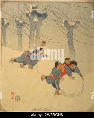 Schneebälle, Bertha Lum., japanische Kinder, die große Schneebälle Rollen., Lum, Bertha Boynton, 1869-1954, Künstler, C1913., spielende Kinder, Japan, 1910-1920, Holzschnitte, Farbe, 1910-1920., Holzschnitte, Farbe, 1910-1920, 1 Druck: Holzschnitt, Farbe Stockfoto