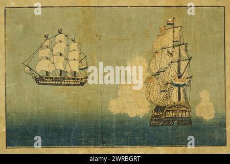 Orandasen, japanischer Druck zeigt zwei Seiten- und Frontansichten eines niederländischen Schiffes. Zwischen 1850 und 1900, Schiffe, Niederländisch, 1850-1900, Holzschnitte. Japanisch, Farbe, 1850-1900., Holzschnitte, Japanisch, Farbe, 1850-1900, 1 Druck auf hōsho Papier: Holzschnitt, Farbe, 18,5 x 29 cm. (Block), 22,5 x 32,4 cm. (Blatt Stockfoto