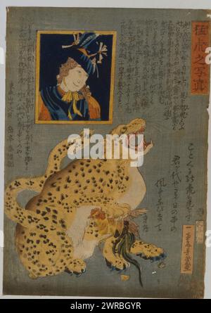 Mōko no shashin, japanischer Druck zeigt einen Leoparden, der einen Hahn gefangen hat; ein Porträt einer ausländischen Frau in der oberen linken Ecke., Ochiai, Yoshiiku, 1833-1904, Künstler, Japan: Shinagawaya, 1860., Leoparden, Japan, 1860, Holzschnitte, Japanisch, Farbe, 1860., Holzschnitte, Japanisch, Farbe, 1860, 1 Druck auf hōsho-Papier: Holzschnitt, Farbe, 34,5 x 24 cm. (Block), 34,5 x 24 cm. (Blatt Stockfoto