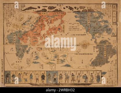 Bankoku jinbutsu no zu, japanischer Diptychon-Druck zeigt eine Karte der Welt mit eingebetteten Bildern von fremden Menschen., zwischen 1800 und 1850, ethnische Gruppen, 1800-1850, Diptychon, Japanisch, Farbe, 1800-1850., Karten, Japanisch, 1800-1850, Holzschnitte, Japanisch, Farbe, 1800-1850, 1 Druck auf hōsho-Papier: Holzschnitt, Farbe, 33 x 44 cm. (Block), 35 x 47,5 cm. (Blatt Stockfoto