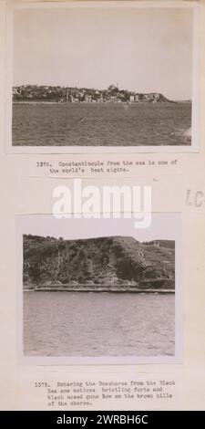 Konstantinopel vom Meer aus ist eine der besten Sehenswürdigkeiten der Welt wenn man vom Schwarzen Meer aus in den Bosporus kommt, sieht man borstige Festungen und schwarze Geschütze tief auf den braunen Hügeln des Ufers., Fotos zeigen einen Blick auf Istanbul, Türkei aus dem Mamarameer und dem Bosporus am Eingang zum Schwarzen Meer., Zimmermann, Frank G. (Frank George), 1855-1924, Fotograf, 1923., Küsten, Türkei, Istanbul, 1920-1930, Gelatinedruck, 1920-1930., Gelatinedruck, 1920-1930, 2 Fotodrucke (1 Seite): Gelatinedruck Stockfoto