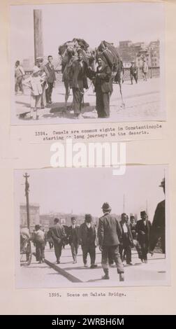 Kamele sind häufige Sehenswürdigkeiten in Konstantinopel, beginnend auf langen Reisen in die Wüste Szene auf der Galatebrücke. Fotos zeigen Kamele und Fußgänger auf der Galatebrücke, Istanbul, Türkei. Zimmermann, Frank G. (Frank George), 1855-1924, Fotograf, 1923., Kamele, Türkei, Istanbul, 1920-1930, Gelatinedruck, 1920-1930., Gelatinedruck, 1920-1930, 2 Fotodrucke (1 Seite): Gelatinedruck Stockfoto