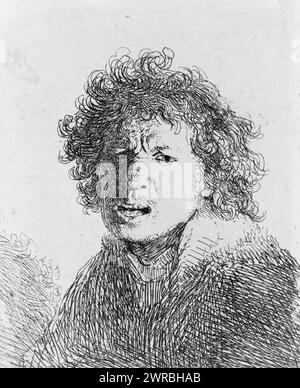 Rembrandt Angry, Bust, Rembrandt Harmenszoon van Rijn, 1606-1669, Artist, 1630, Rembrandt Harmenszoon van Rijn, 1606-1669, Radierungen, 1630., Radierungen, 1630, Selbstporträts, 1630, 1 Druck: Ätzen, 7,2 x 6 cm Stockfoto