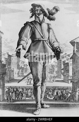 Der Captain, Print zeigt Capitano, eine Stock-Figur in der Commedia dell'arte, mit Theaterinszenierung und Zuschauern im Hintergrund. Callot, Jacques, 1592-1635, Künstler, 1618, Schauspieler, 1620-1630, Radierungen, 1620-1630. Radierungen, 1620-1630, 1 Druck: Ätzen, 21,7 x 14,6 cm. (Getrimmt Stockfoto