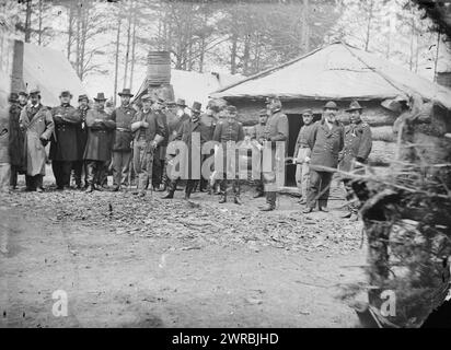 Brandy Station, Va. Gens. George G. Meade, John Sedgwick und Robert O. Tyler mit Stabsoffiziern im Hauptquartier der Horse Artillery, Foto aus dem östlichen Kriegsschauplatz, Winterquartier in Brandy Station, Dezember 1863-April 1864, 1864 Februar, Vereinigte Staaten, Geschichte, Bürgerkrieg, 1861-1865, Militär, Glasnegative, 1860-1870, Stereographen, 1860-1870, 1 negativ: Glas, Stereograph, nasses Kollodion, 4 x 10 Zoll Stockfoto