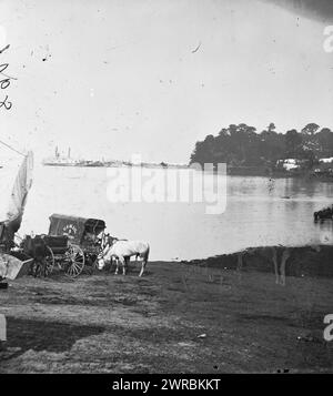 Belle Plain Landing, Virginia. Fernansicht von Belle Plain Landing am James River. (U.S. Mail Wagon 2nd Corps in Foreground), 1864., Vereinigte Staaten, Geschichte, Bürgerkrieg, 1861-1865, Glasnegative, 1860-1870., Stereographen, 1860-1870, Glasnegative, 1860-1870, 1 negativ (2 Platten): Glas, Stereogramm, nasses Kollodion Stockfoto