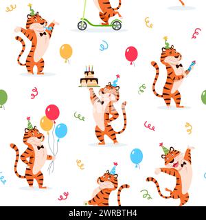 Nahtloses Design mit Cartoon-Geburtstags-Tigern. Stock Vektor