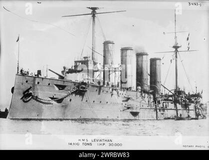 HMS LEVIATHAN: 14.100 Tonnen, IHP 30.000, Foto zeigt die HMS Leviathan, ein gepanzerter Kreuzer der britischen Royal Navy, zwischen ca. 1910 und ca. 1915, Glasnegative, 1 negativ: Glas Stockfoto