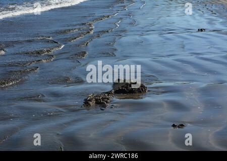 Männer und ein kleiner Junge, der ein großes Boot zurück in die Brandung schiebt Stockfoto