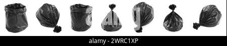 Schwarze Plastikmüllsäcke isoliert auf weiß, Set Stockfoto