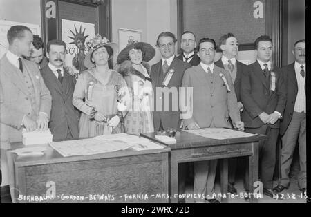 Birnbaum, Gordon, Bernays, Fornia, Mrs. Coppicus, Amato, Botta, Foto zeigt Opernsänger und Musiker, die am 5. Juni 1917 das Opernleihbüro von Liberty in der Aeolian Hall in New York City eröffnen. Zu den dargestellten Personen gehören (von links nach rechts) Harry Birnbaum, der Pianist Philip Gordon, der Publizist Edward Louis Bernays, die amerikanische Opernsängerin Rita Fornia, die Frau Francis Charles Coppicus, die Frau des Generalsekretärs der Metropolitan Opera; die italienischen Opernsänger Pasquale Amato und Luca Botta, H.M. Wykes, Mitglied des Liberty Bond Publicity Committee, Gordon Kay, F.C. Schang und Fred C. Haas. Stockfoto