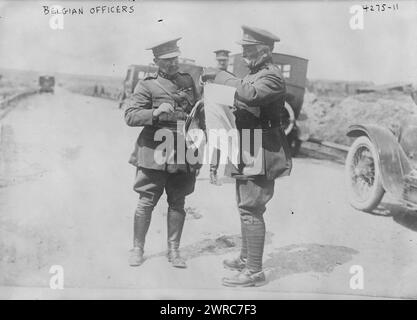 Belgische Offiziere, Foto zeigt belgische Generäle, die eine Karte studieren während des Besuchs von Albert I., König der Belgier, an der Westfront, 15. Mai 1917 während des Ersten Weltkriegs, 1917, Weltkrieg, 1914-1918, Glasnegative, 1 negativ: Glas Stockfoto