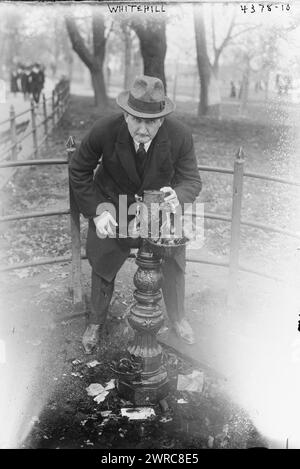 Whitehill, Foto zeigt den amerikanischen Bass/Bariton-Opernsänger Clarence Whitehill (1871–1932) an einem Wasserbrunnen in einem Park., zwischen ca. 1915 und ca. 1920, Glasnegative, 1 negativ: Glas Stockfoto