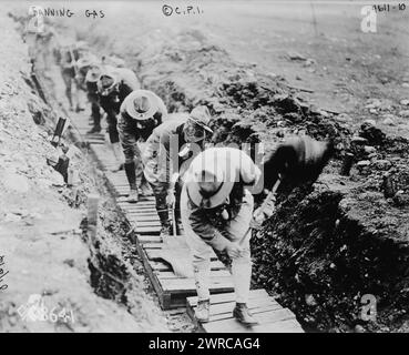 Fächergas, Foto zeigt amerikanische Soldaten, die ausgebildet wurden, um Ayrton oder Grabenfächer zu verwenden, um giftige Gase während des Ersten Weltkriegs zu entfernen, Camp Kearny, Kalifornien., 6. Juni 1918, Weltkrieg, 1914-1918, Glasnegative, 1 negativ: Glas Stockfoto