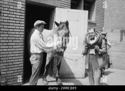 Van & Schenk, Foto zeigt Sänger und Varieté-Entertainer Gus Van (1886-1968) und Joe Schenck (1891-1930) mit Pferd., zwischen ca. 1915 und ca. 1920, Glasnegative, 1 negativ: Glas Stockfoto