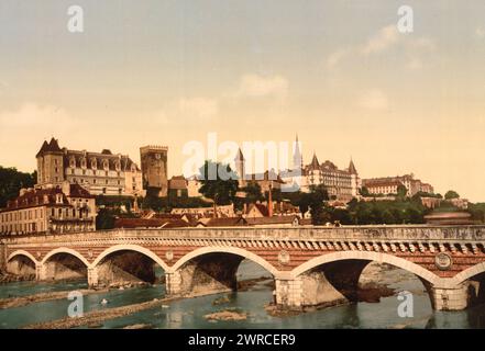 Schloss und Brücke, Pau, Pyrenäen, Frankreich, zwischen ca. 1890 und ca. 1900., Farbe, 1890-1900 Stockfoto