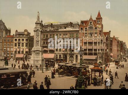 Amsterdam Dam Holland, Print zeigt Dam Square mit der Nieuwe Kerk (neue Kirche) auf der linken Seite, zwischen ca. 1890 und ca. 1900., Niederlande, Amsterdam, Farbe, 1890-1900 Stockfoto