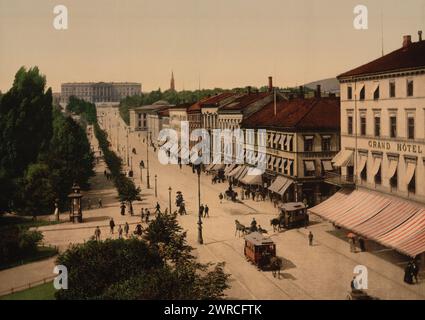 Carl Johans Gade mit Schlitz (d. h. Slottet), Christinia, Norwegen, Foto zeigt das Karl Johans Tor, den Königlichen Palast und das Grand Hotel in Oslo, Norwegen; aus einem Fenster im Parlamentsgebäude., zwischen ca. 1890 und ca. 1900., Norwegen, Oslo, Farbe, 1890-1900 Stockfoto