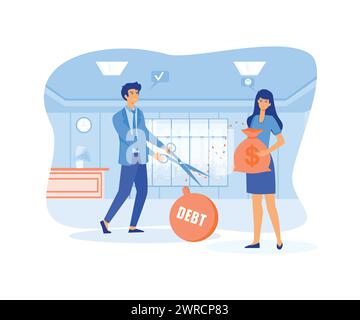 Geschäftsmann hilft Mädchen, Schulden zu überwinden. Man schneidet die Kette mit Gewichten mit einer großen Schere. Guy hilft Schuldnern, finanzielle Probleme zu lösen. Modus für abgewickelte Vektoren Stock Vektor