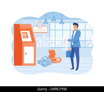 Steuererklärung. Erfolgreicher Geschäftsmann, Geschäftsmann, der vor dem atm Machine Workplace steht. Moderne Illustration des flachen Vektors Stock Vektor