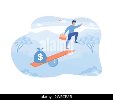 Business-Start-up-Konzept, ein fliegende Geschäftsmann und eine Tasche voller Geld. Moderne Illustration des flachen Vektors Stock Vektor