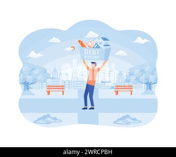 Geschäftsmann mit hoher Schuldenlast. Moderne Illustration des flachen Vektors Stock Vektor