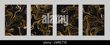 Satz abstrakter flüssiger Hintergründe. Flüssige Kunst. Elegantes Deckeldesign. Luxuriöses Marmormuster in Gold- und Schwarztönen. Minimalistische Vektorvorlage für Stock Vektor