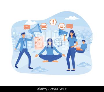 Hör auf, Hoax und falsche Nachrichten zu verbreiten. Junge Frau meditiert unter einer Glaskuppel und versucht, falsche Nachrichten aus dem Fernsehen und dem Internet zu stoppen. Flacher Vektor moderne Illus Stock Vektor