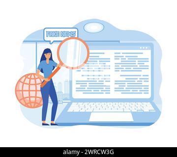 Frau mit Lupenrecherche über gefälschte Nachrichten in sozialen Medien. Moderne Illustration des flachen Vektors Stock Vektor