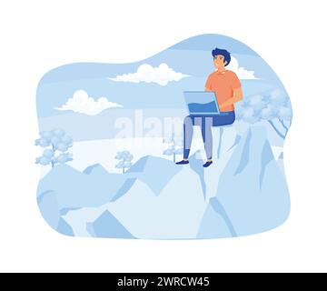 Überall arbeiten. Mann, der mit einem Laptop sitzt und freiberuflich arbeitet und Freiheit genießt. Moderne Illustration des flachen Vektors Stock Vektor