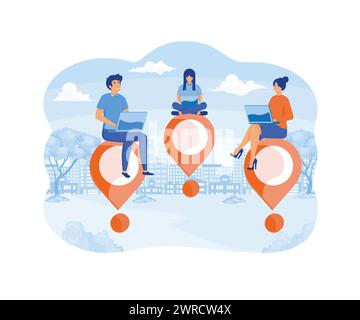 Arbeiten Sie von überall aus. Junger erwachsener Mann und junge Frau, die an der Pin-Karte mit Computer-Laptop arbeiten. Moderne Illustration des flachen Vektors Stock Vektor