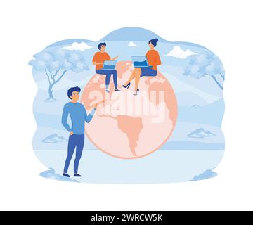 Arbeiten Sie überall auf der Welt. Geschäftsleute, die auf der ganzen Welt sitzen und mit einem Online-Computer arbeiten. Moderne Illustration des flachen Vektors Stock Vektor