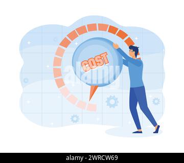Kostenreduzierungsmanagement-Konzept. Geschäftsmann Hand den Kostenregler in die niedrige Position drehen. Moderne Illustration des flachen Vektors Stock Vektor