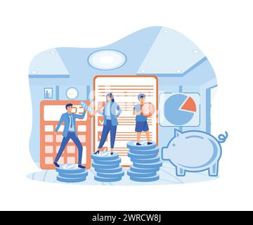 Familienhaushaltsplanung. Yong-Paar mit Kind spart Geld und plant mit Sparkasse, Taschenrechner und Münzen. Moderne Illustration des flachen Vektors Stock Vektor