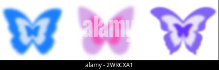 Y2K Aura Schmetterling. Verschwommener Verlaufsaufkleber. Holographische ästhetische Groovy-Elemente auf weißem Hintergrund. Retro-Figuren in sanften Neonfarben. Vektorsammlung. Stock Vektor