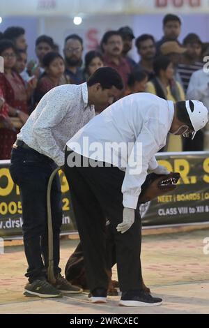 Richter überprüfen die Hunde während des Agartala Dog Carnival-2024, organisiert von Tripura Veterinary Doctors Association & Pawsome (Eine soziale Organisation) in Agartala. Tripura, Indien. Stockfoto