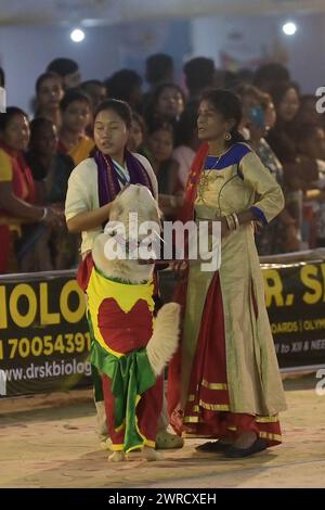 Hunde, die während des Agartala Dog Carnival 2024 von der Tripura Veterinary Doctors Association & Pawsome (Einer sozialen Organisation) in Agartala ausgebildet wurden. Tripura, Indien. Stockfoto