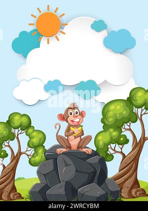 Ein glücklicher Affe, der auf Felsen unter der Sonne sitzt. Stock Vektor