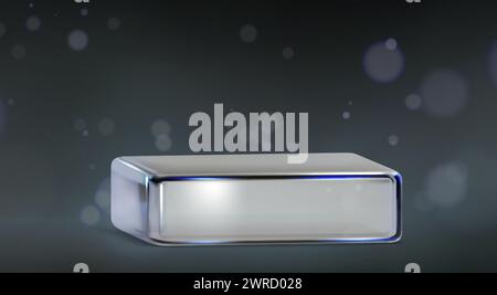 Glasquadrat transparentes Produktpodium-Modell mit hellem Bokeh-Effekt auf schwarzem Hintergrund. Realistische Vektordarstellung der minimalen Zusammensetzung mit leerer Würfelkristall- oder Plexiglas-Plattformvorlage Stock Vektor
