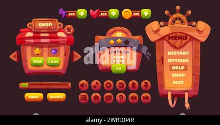 Piratenspiel ui Design-Elemente - Cartoon Vektor Holzteller für Menü mit Lenkrad, Shop und Knöpfen. Holz-Schnittstellenrahmen und -Brett, Leistungszähler und Ergebnisse der Füllstandserweiterung. Stock Vektor