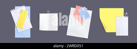 Notizpapier mit Klebeband und Stiften. Weiße und farbenfrohe Notizblock-Seiten und Aufkleber für Speicherbeschriftungen. Realistische Vektorgrafik-Satz von Rahmen für Bulletin-Hinweis. Stock Vektor