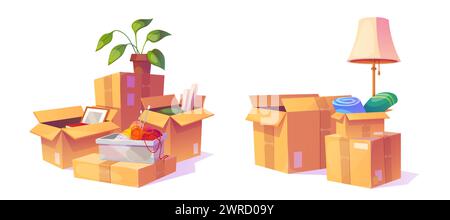 Verpackte Kartonschachteln isoliert auf weißem Hintergrund. Vektor-Karikaturillustration von Kartonpaketen mit Haushaltsmaterial, Blumentopf und Lampe, handgemachte Accessoires, Haus bewegen, Paketzustellungsservice Stock Vektor